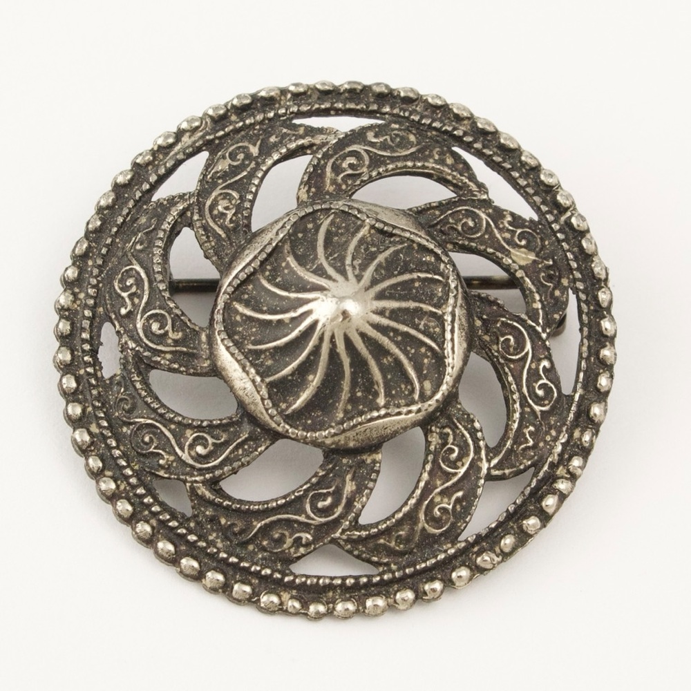 Vintage Spiral Sun Brooch Silver Tone Circle Pin Ornate Celtic Medieval Style